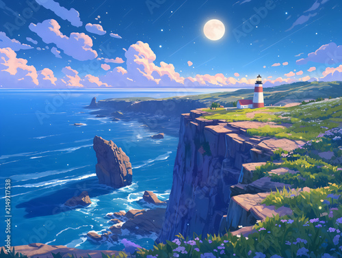 Lighthouse on grassy sea cliff under starry night sky with bright moon