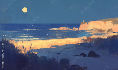 Lighthouse on grassy sea cliff under starry night sky with bright moon