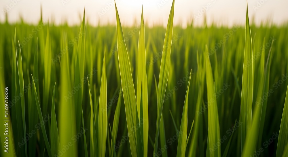 Obraz premium A vibrant close-up view of lush green grass blades reaching towards the bright sky.