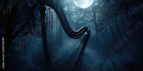 Mystical harp bathed in moonlight within an enchanted forest, evoking a sense of magic and wonder.