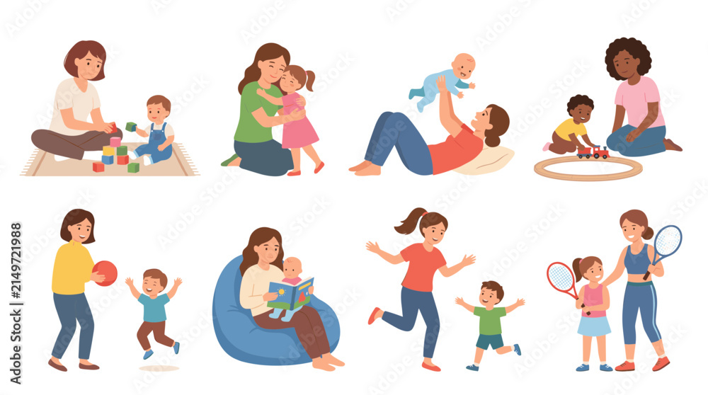 Fototapeta premium Collection of mothers and children engaged in various activities like playing and hugging