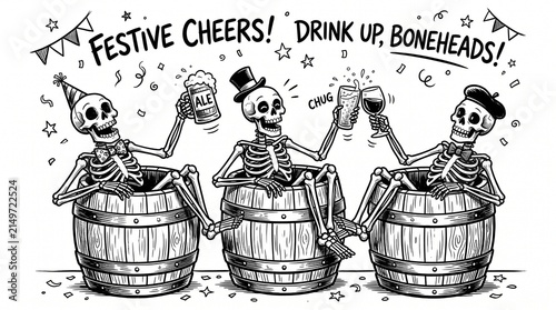 Skeletons Celebrating with Drinks in Festive Barrels