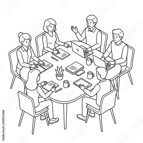 Business Team Meeting and Collaboration Line Art Illustration of Diverse Professionals Working Together at a Table