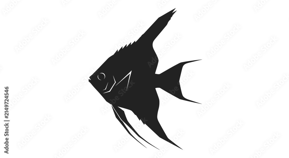 Naklejka premium Black angelfish swimming left in white background with against plain white details swimming illustration silhouette freshwater graphic animal