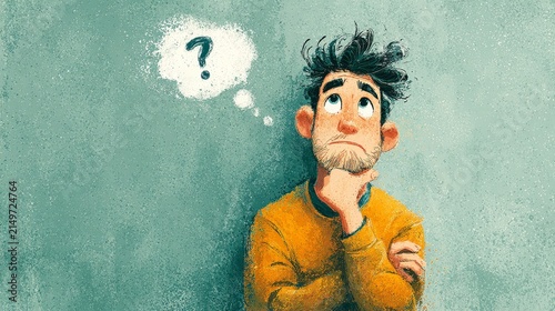 Stylized illustration of young man thinking with puzzled expression, hand near chin, vertical minimal teal-blue background, soft gradients and subtle texture, thought bubble with question mark icon