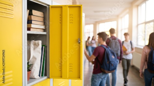 Open yellow school locker in a busy high school hallway with students