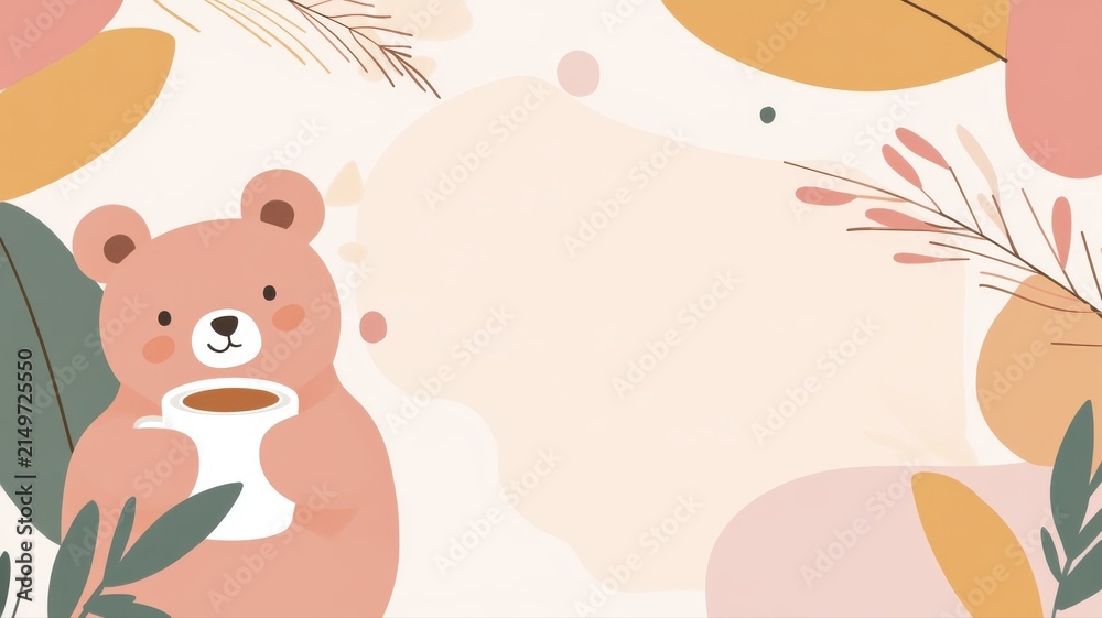 Fototapeta premium Cute Bear Holding a Mug in a Soft Pastel Botanical Frame for Nature, Wellness, and Lifestyle Themes