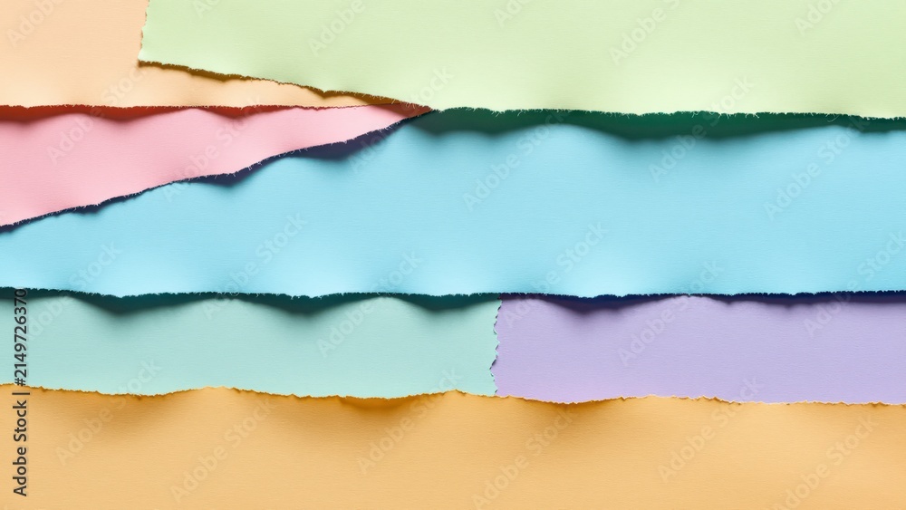 Fototapeta premium Colorful torn paper edges arranged in a layered composition with pastel shades including pink, blue, purple, green, and beige, creating a vibrant textured background