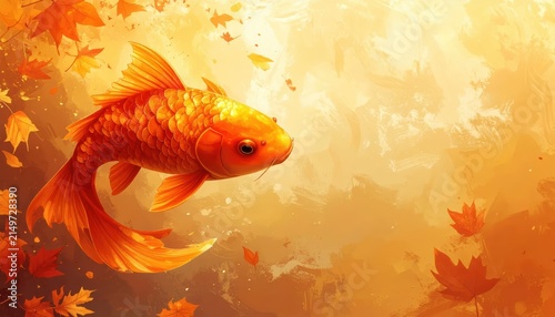 Artistic Golden Koi Fish Swimming Through Autumn Leaves in a Dreamy Painterly Background with Copy Space