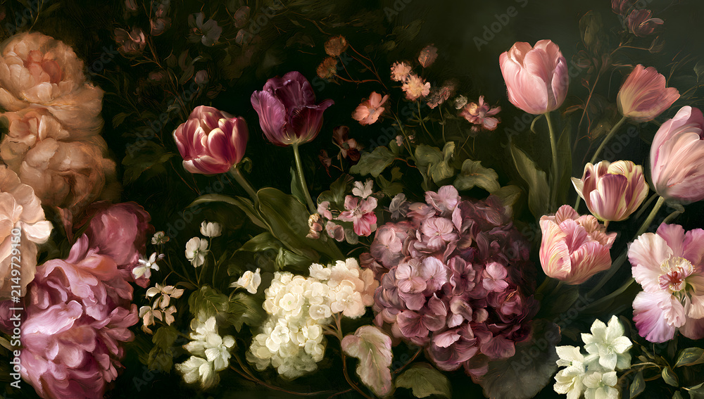 Fototapeta premium A timeless oil painting featuring hydrangeas, tulips, and peonies set against a moody dark floral backdrop – perfect for holiday greetings and packaging