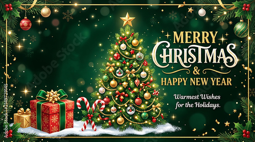 Colorful christmas tree with presents under twinkling lights