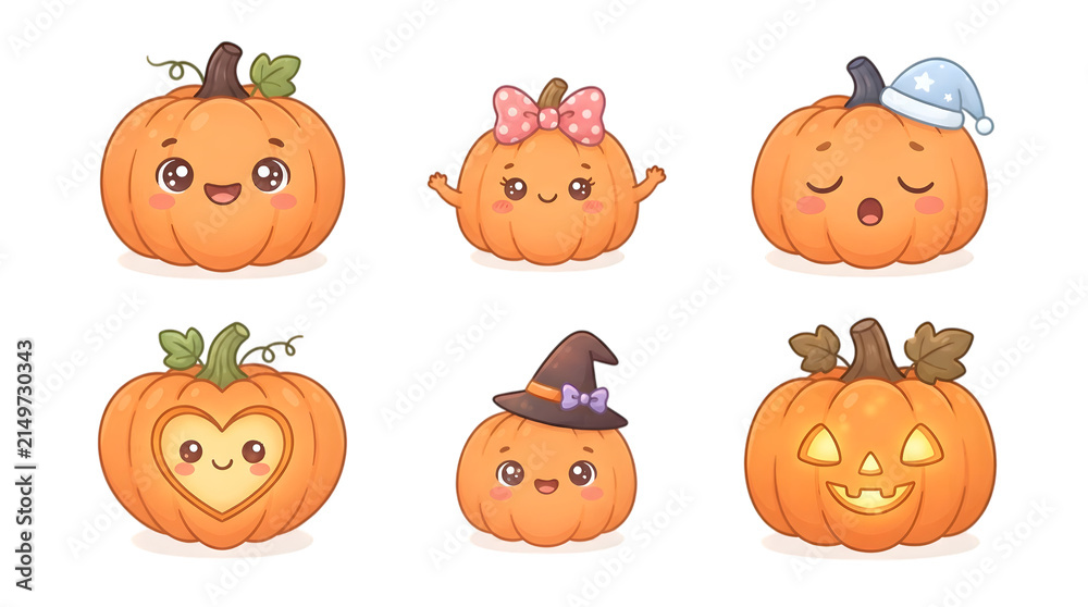 Obraz premium A collection of cute cartoon pumpkin characters featuring various expressions and accessories perfect for use as high quality halloween png images designs