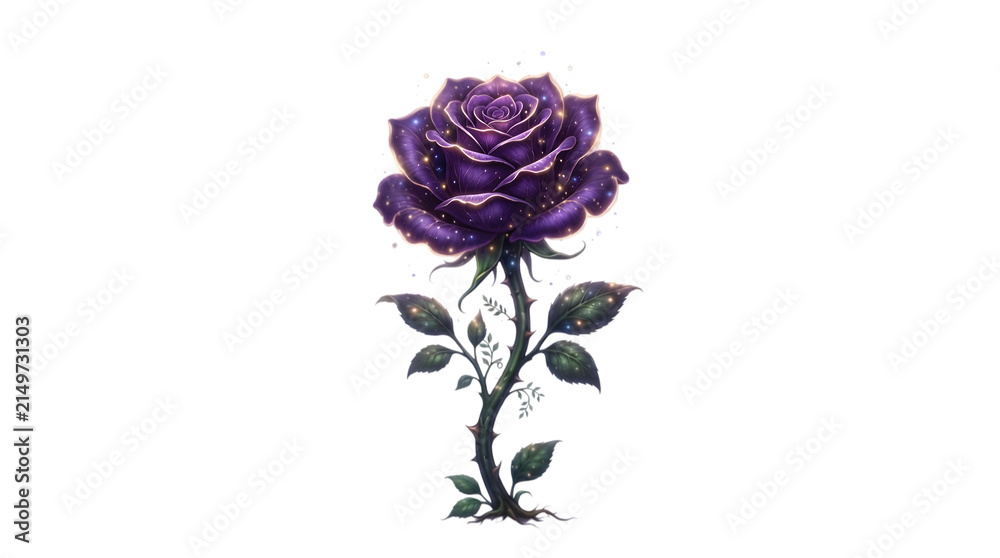 Fototapeta premium A captivating digital illustration of a dark purple rose shimmering with ethereal sparkles evoking a sense of mystery and enchanting beauty perfect