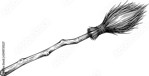 Fotografie Vintage witch broomstick illustration, hand drawn wooden broom sketch, rustic ma