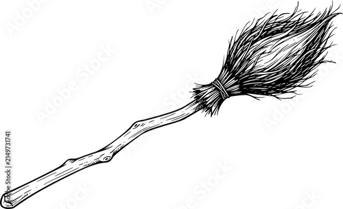 Vintage witch broomstick illustration, hand drawn magic broom sketch, rustic wooden besom on transparent background, spooky Halloween clipart