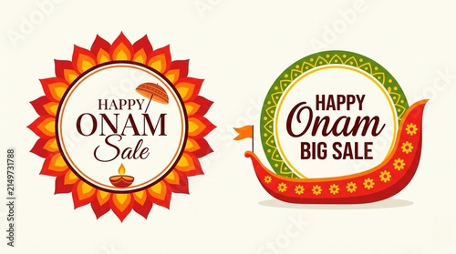 Happy Onam Sale offer Logo, Symbol, Sign, banner, Poster, Tag, Sticker, Floral design . boat race, Vector, icon, Illustration, Umbrella, South Indian Festival ... See More