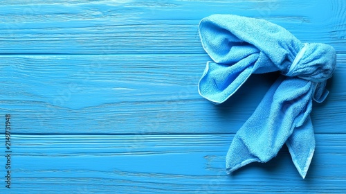 Soft Blue Towel on Wooden Surface with Vibrant Texture and Color Contrast
