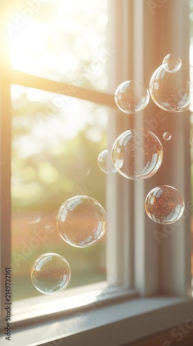Soft Light Illuminating Floating Bubbles Near a Window Frame