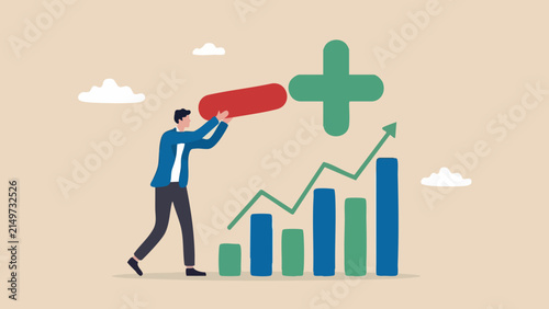 Obraz na plátne A businessman in a suit places a red minus sign onto a growing bar chart, symbol