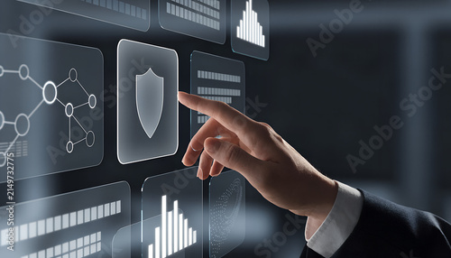 Hand Pressing Shield Security Icon On Futuristic Digital Cybersecurity Dashboard Interface