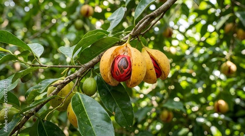 Fresh ripe nutmeg fruit hanging on tree branch revealing vibrant red mace and inner seed