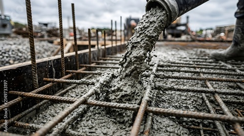 Pouring Concrete onto Steel Rebar Mesh for Building Foundation