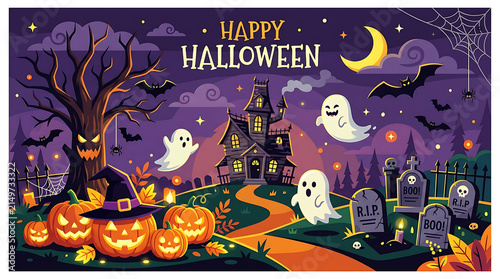 Halloween party with kids in spooky forest night