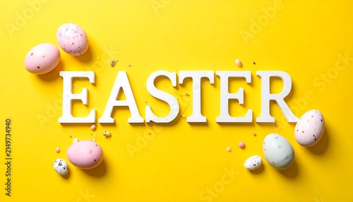 Colorful Easter eggs arranged with flowers on yellow background.