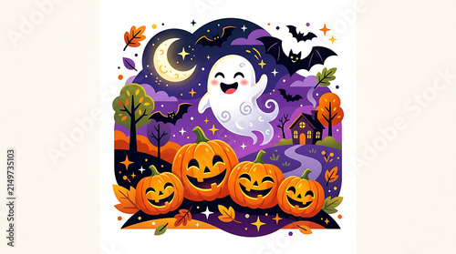 Halloween pumpkins and ghost illustration