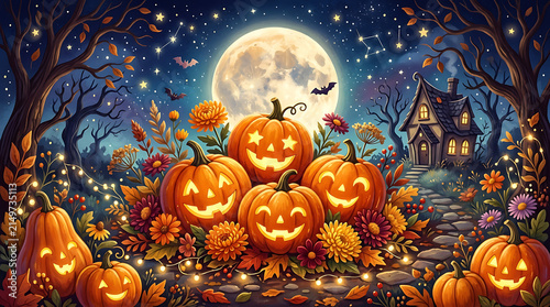 Colorful pumpkins glowing under a moonlit sky