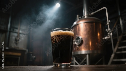 本格的な醸造所のタンクが見える前に置かれた出来立てクリーミーな泡立ちの黒ビール