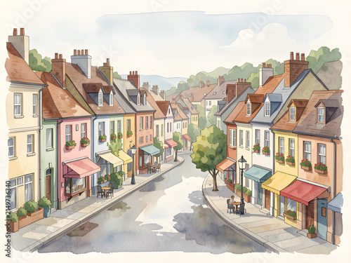 old town street. watercolor illustration