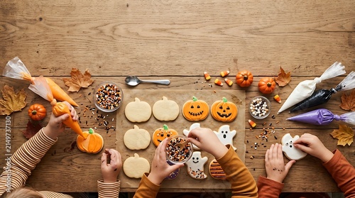 Top view of hands decorating Halloween pumpkin and ghost cookies with icing and sprinkles on a wooden table