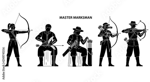 Obraz na plátně Five black silhouettes of archers and bowmen in various poses and attire on a wh