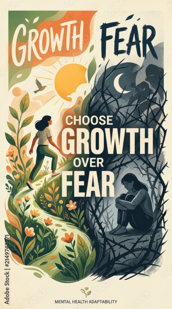 Fototapeta premium Woman Navigating Path Towards Growth Escaping Fear's Dark Forest