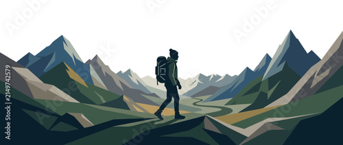 Hiker with backpack walks through mountain valley