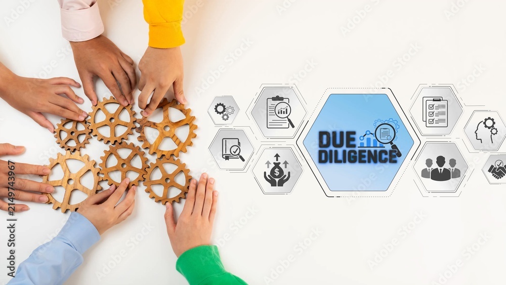 Obraz premium Collaborative Business Strategy Concept with Gears and Icons Representing Due Diligence Process in Professional Environment Sigmoid