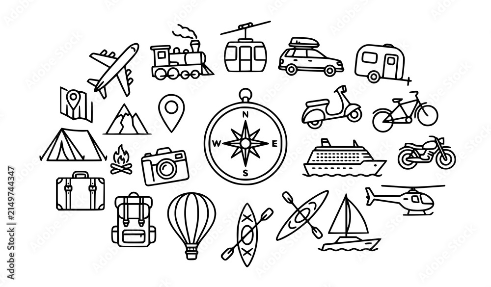 Fototapeta premium Premium travel adventure line icon collection featuring transportation vehicles outdoor exploration tourism luggage navigation and vacation symbols
