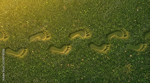 Sequence of human footprints on a flat green lawn surface