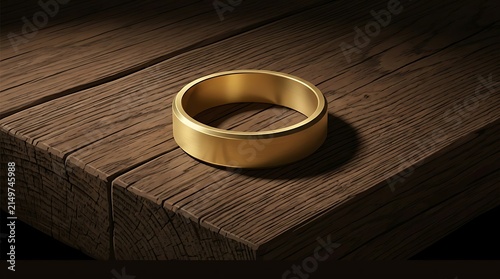 Minimalist gold wedding ring on a textured wood table