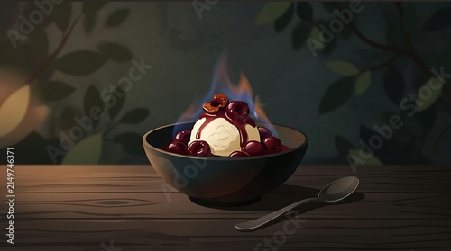 Vanilla ice cream with flaming cherries in a bowl