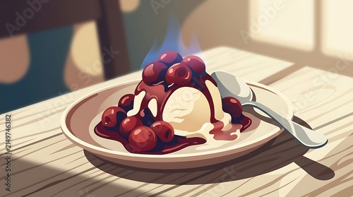 Plate of vanilla ice cream topped with cherries and fire