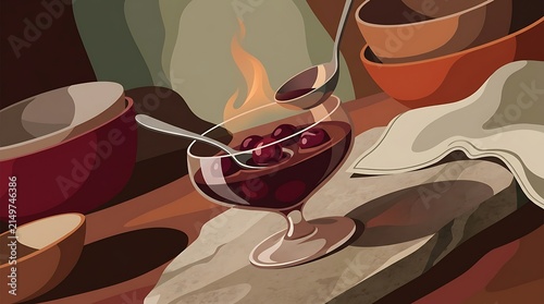 Preparing flaming cherry dessert in a glass bowl