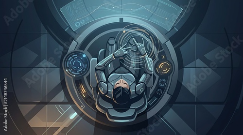 Person operating advanced holographic interface in futuristic cockpit