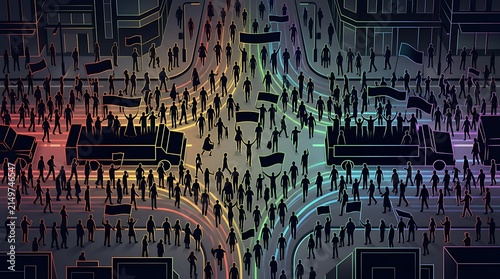 Neon city street with glowing lines and walking silhouettes