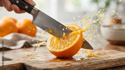 Fresh Orange Being Cut with Dynamic Juice Splash