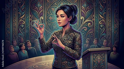 Woman performing sign language for audience in ornate hall