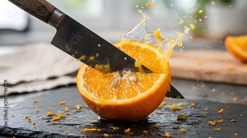 Fresh Orange Being Cut with Dynamic Juice Splash