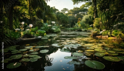 Serene tropical pond with lily pads.