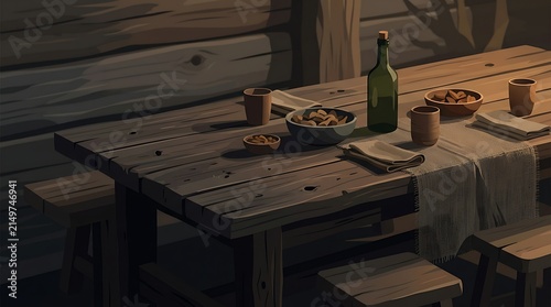 Moody rustic wooden table in a cabin setting
